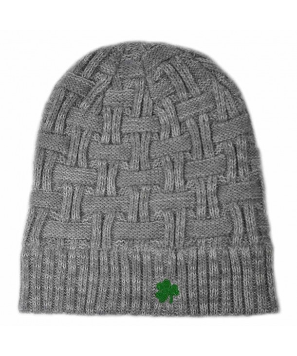 Acrylic Basket Weave Beanie Hat Grey Colour With Green Embroidered Shamrock - C111ADDDCMN