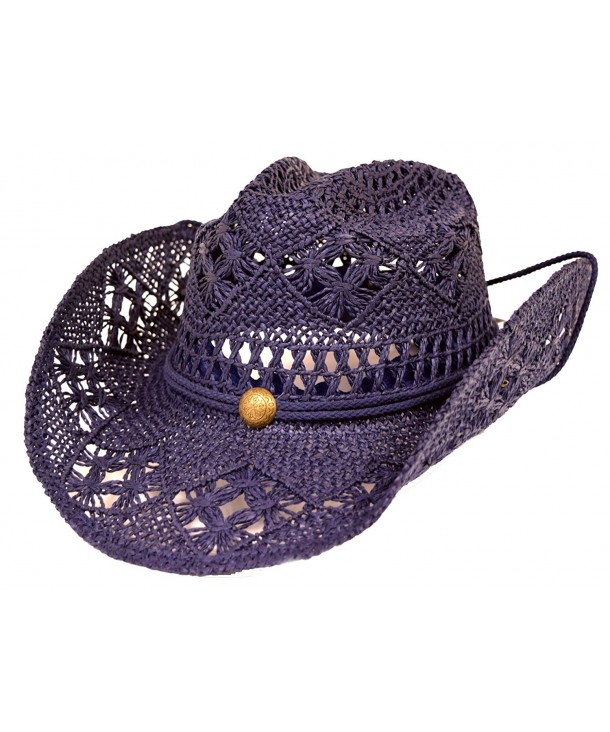 Women's Western Cowboy Hat with Rope Tie Down - Navy Blue - CG12MXZMHA6
