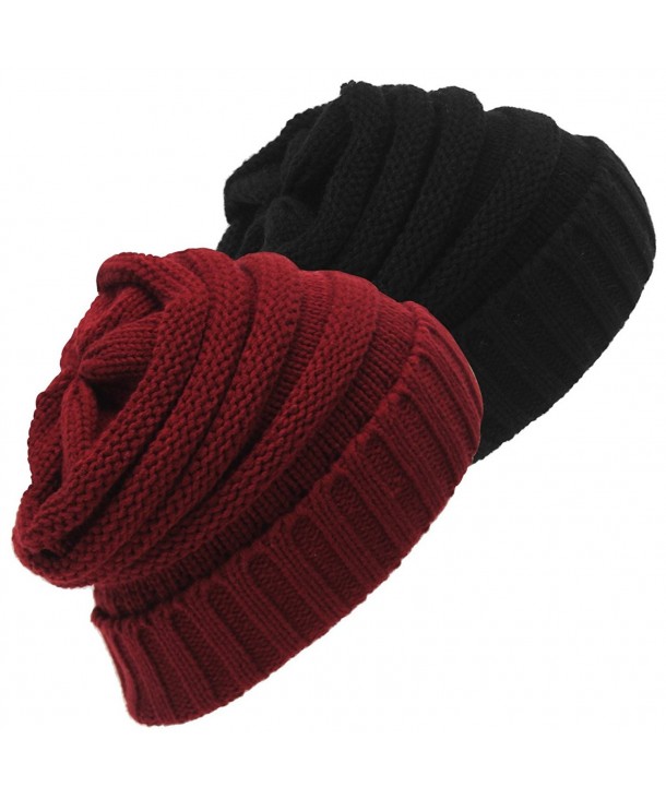 CULAYII Slouchy Beanie Hat Oversized Warm Chunky Cable Knit Skull Cap For Women and Men - 2pcs(black+wine Red) - C5188KS6RSE