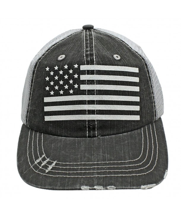 American Flag Patriotic Gift For Wife Mom Women White Glitter Distressed Trucker Style Cap Hat - CT184NHQ3UG