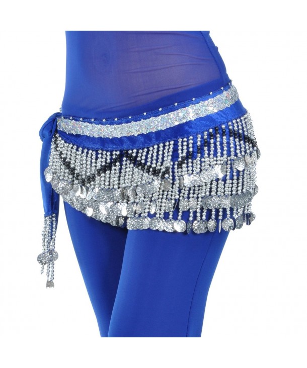 AvaCostume Belly Dance Silver Coins Hip Scarf Dangling Tassels Skirt - Blue - CV1218A5WLX
