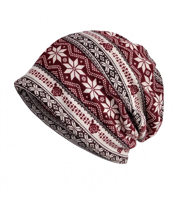 Erin's Town Oversized Open Baggy Daily Slouchy Beanie Fall Hat Chemo Infinity Scarf Turban - Burgundy Snowflakes - CH186G40W9H