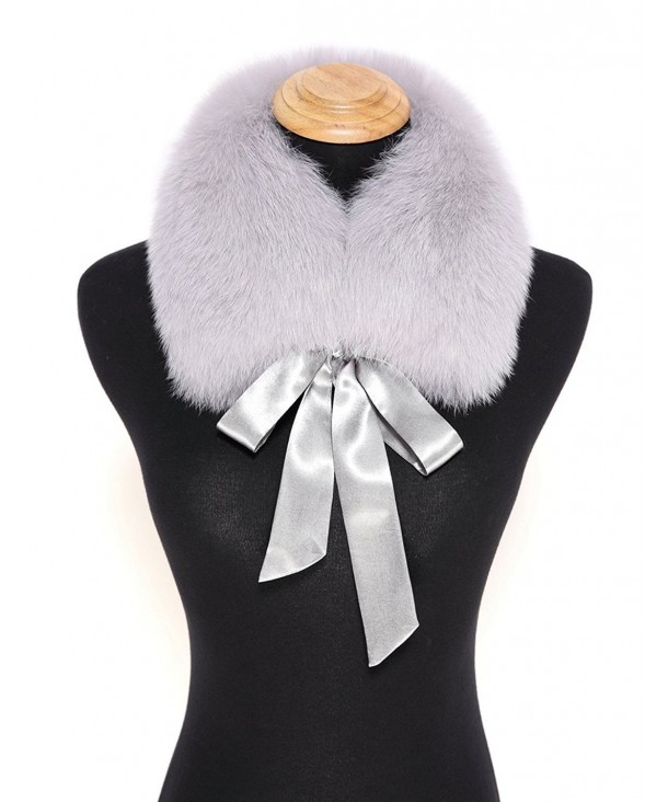 Ferand Ladies Stylish Genuine Fox Fur Collar Scarf with Satin Ribbon - Light Grey - CB12MRS0O3H