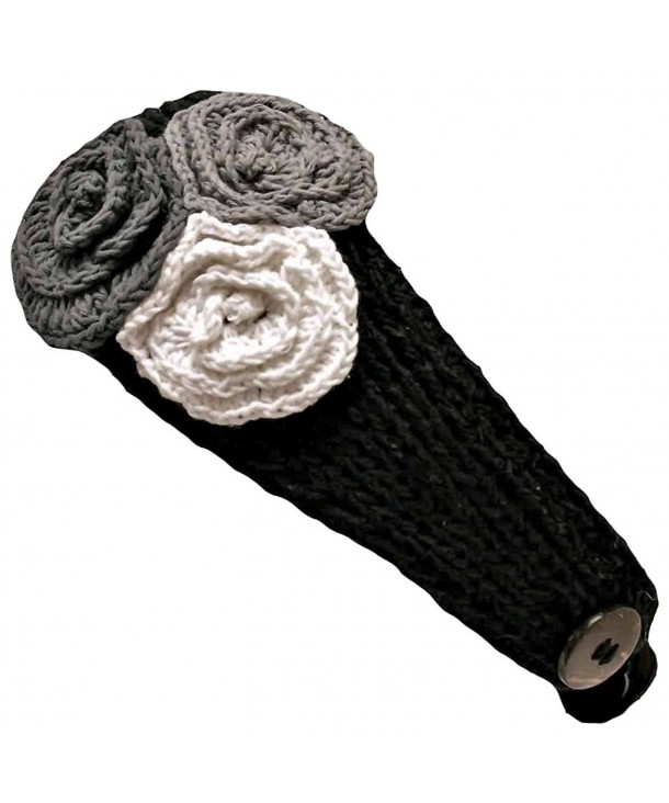 Crochet Headband With Three Knit Flowers - Black - C911633QCDJ