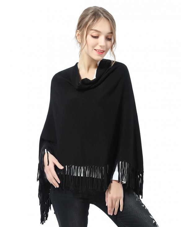 Joulli Women's Knitted Tassel Asymmetric Poncho Wrap Shawl - Black - C4187EI3EZ6