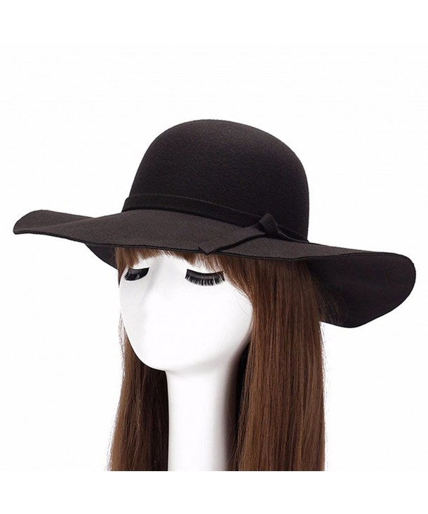 Qingsun Fashipn Women's Vintage Large Wide Brim Wool Felt Floppy Winter Fedora Cloche Hat Cap(Black) - Black - CR12N8TB63V