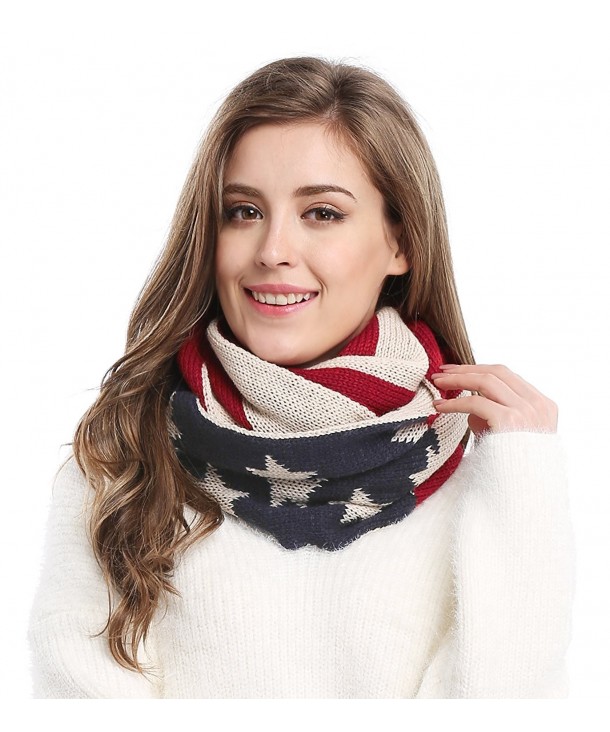 Unisex Thick Warm US American Flag Winter Knit Infinity Circle Scarf - White Red - C3126TNKKG7