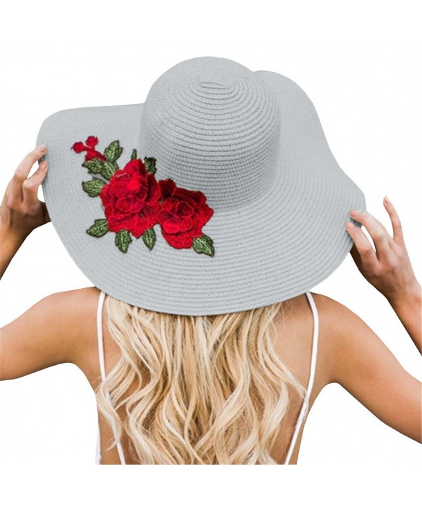 Women Flower Embroidery Foldable Floppy Wide Large Brim Sun Hats - Grey - CL18537TTDO