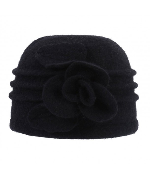 Prefe Women's Winter Floral Warm Wool Cloche Bucket Hat Slouch Wrinkled Beanie Cap - Black - CK188KMZE4Z
