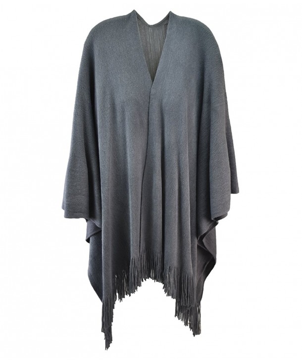 Modadorn New Basic Solid Winter Ruana Fringe Women's Fashion- Shawl & Accessories - Gray - CA11DR8WWH3