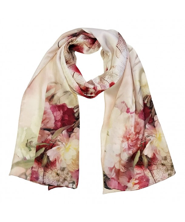 Wrapables Luxurious 100% Charmeuse Silk Long Scarf with Hand Rolled Edges - Pink Peonies - C9183X9MZRK