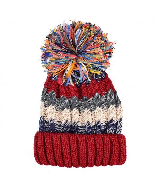 Color City Womens Bohemian Crochet Knit Slouchy Pom Pom Handmade Beanie Winter Ski Warm Hat - Red - CK12N1D22PR