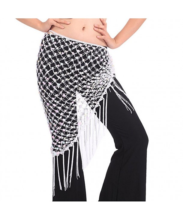 Belly Dance Accessories Shining Triangle Crochet Coins Sequins Hip Scarf with Tassel Dance Hip Wraps - White - CX184OE8YCS