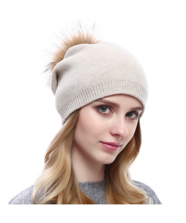 QUEENFUR Women Knit Wool Beanie - Winter Solid Cashmere Ski Hats Real Raccoon Fur Pom Pom - Beige - CB185TERWDE