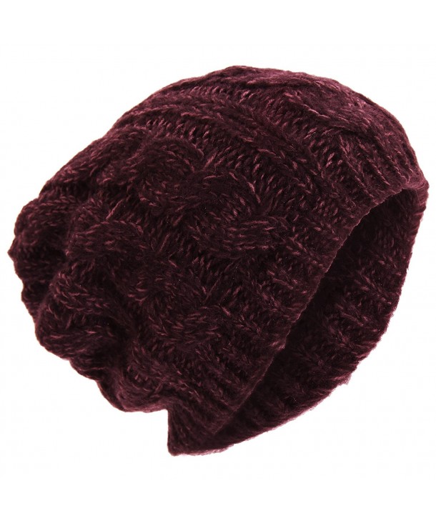 Mens Winter Cable Slouch Beanie Hat - Maroon - CP11PHXETGX