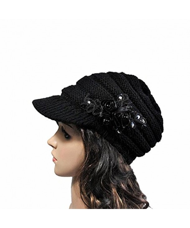 AutumnFall Womens Lady's Winter Cable Knit Visor Hat with Flower Accent - Black - CX12N1DHKGJ