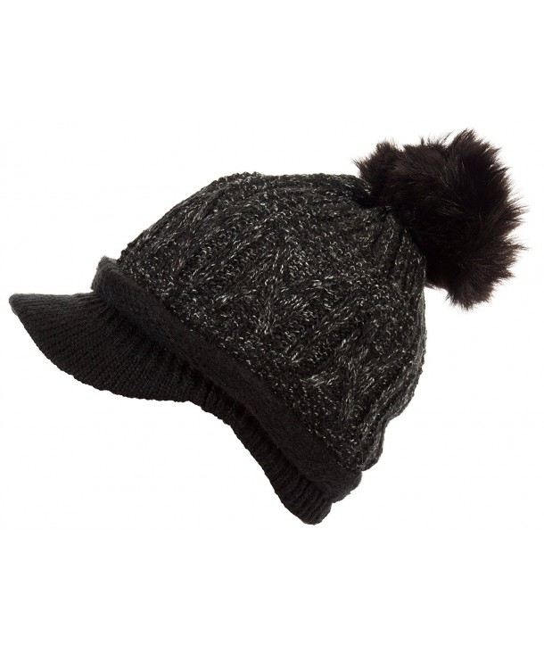 DRY77 Soft Thick Knit Skull Beanie Visor Cap Hat Warm Winter Pom Pom Women - Black - CY1873XGD8S