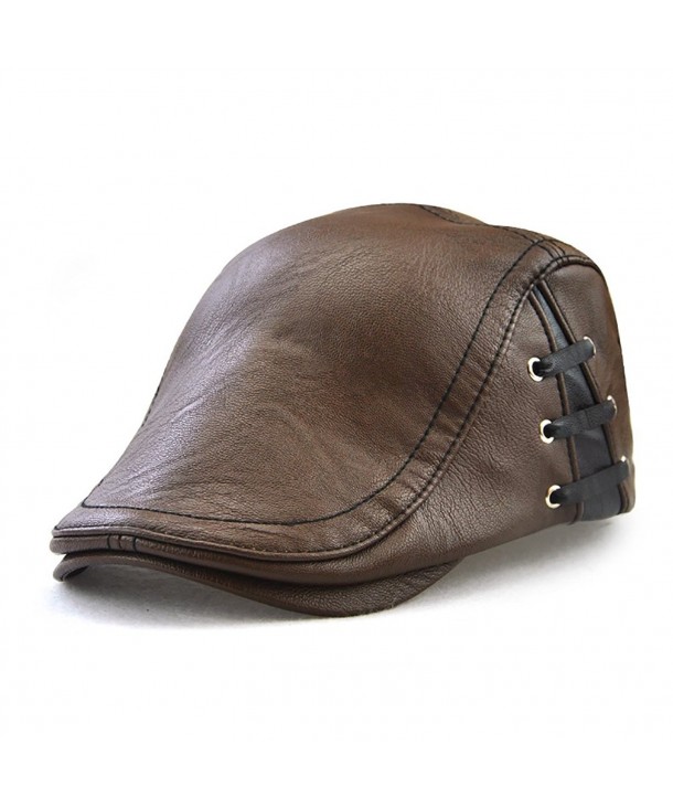 Men's Classic Leather Flat Ivy Vintage Newsboy Cap Golf Hunting Cabby Hat - Light Coffee - CQ187CLCEOE