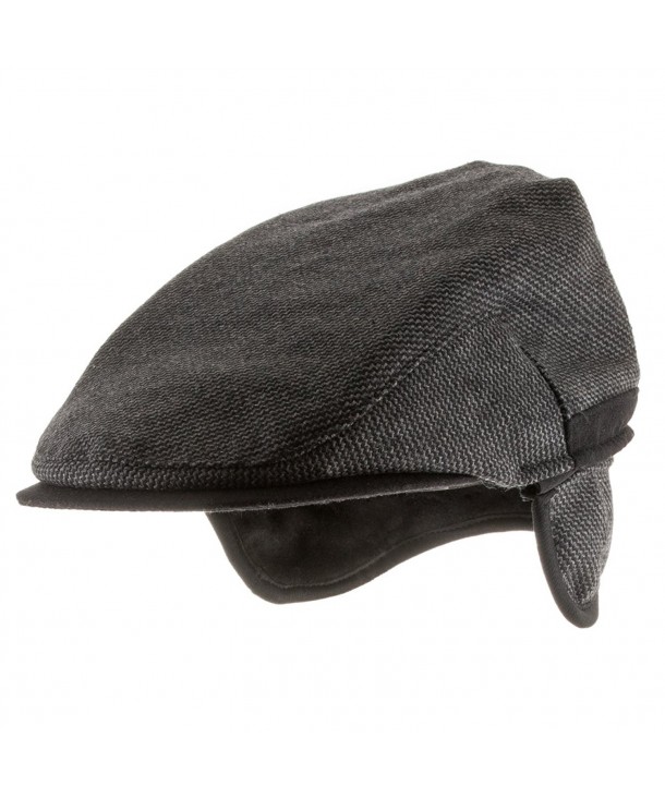 Scottish Wool Ivy Herringbone Newsboy Scally Driving Cap with Fleece Ear Flaps - Dark Grey - C611Q0VZYM9