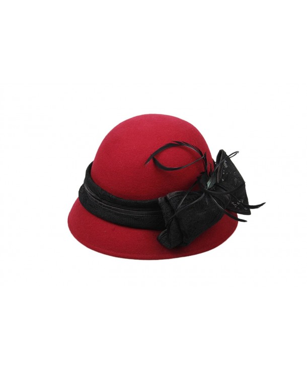 Dantiya Womens Lace Bow Bucket Hat Wool Felt Feather Sun Hat - Red - CS12N0BJNL2