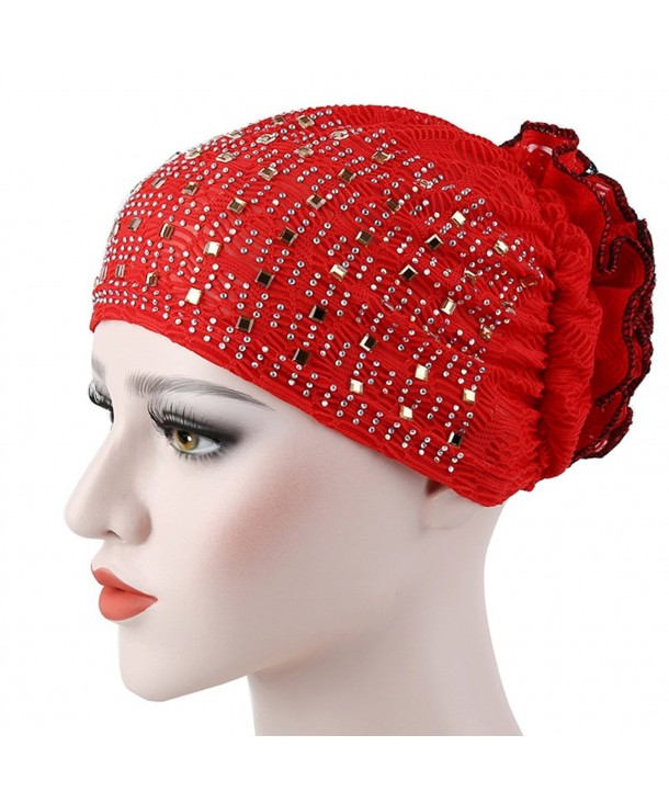 Trenton Women's Flower Glitter Elastic Muslim Turban Beanie Head Wrap Chemo Cap Hat for Cancer - Red - C9186W4T328