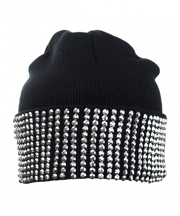 NYFASHION101 Solid Color Rhinestone Studded Winter Warm Cuff Skull Cap Beanie Hat - Black - C8129I19BRL