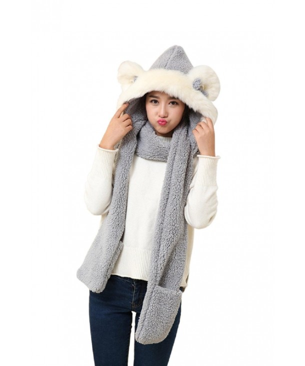 FeelMeStyle Women's Winter Warm Hooded Scarf with Mittens 3-in-1 Hat Scarf Glove - Rabbit-grey - CS187I6CR0U