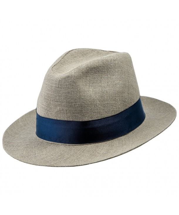 Sterkowski Fedora 'Corleone' Summer Linen Sewn Hat - Beige/Navy Blue - CJ12J4FJT5P
