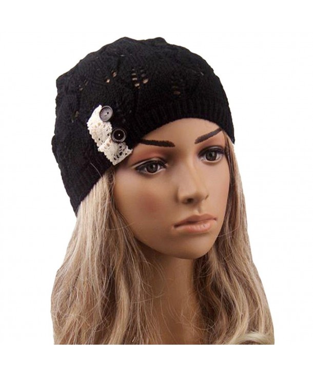 Perman Women Leaves Hollow Out Knitting Thin Hat Berets - Black - C412N0JHL6F