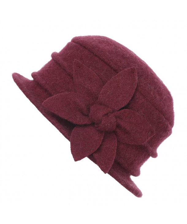 Dantiya Womens Winter Warm Wool Cloche Bucket Hat Slouch Wrinkled Beanie Cap with Flower - Flower-burgundy - CM183LR9W2R