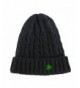 Man Of Aran Acrylic Cable Knit Beanie Hat Dark Grey Colour With Green Embroidered Shamrock - CU11ADDD54D