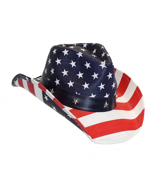 USA American Flag Straw Cowboy Hat w/ Shapeable Brim- Red- White- Navy Blue - CI12ET750YH