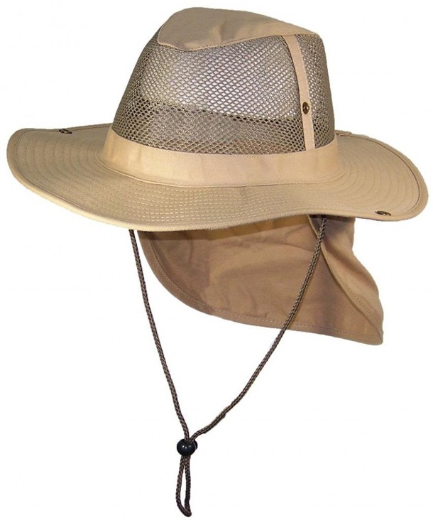 Tropic Hats Summer Wide Brim Mesh Safari/Outback W/Neck Flap & Snap Up Sides - Khaki - CU1827KWZQ2