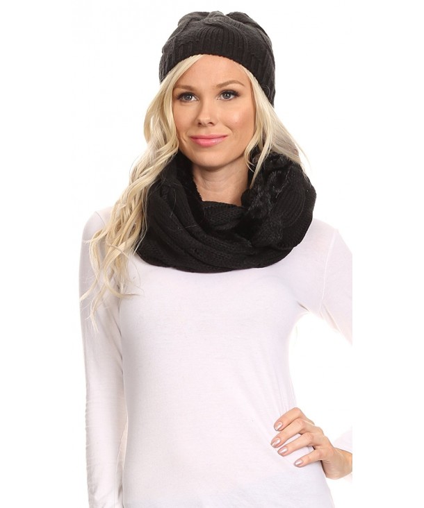 Sakkas Olliey Long Wide Classic Cable Knit Fur Lined Infinity Scarf And Hat Set - Black - CR12HHVJPZ7