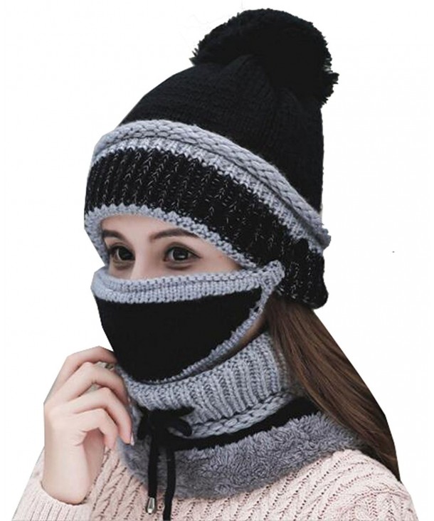 Annymall Womens Beanie Hat Scarf Mask 3 In 1 Set- Winter Warm Slouchy Knit Cap and Scarf - Black - CQ188E2NU66