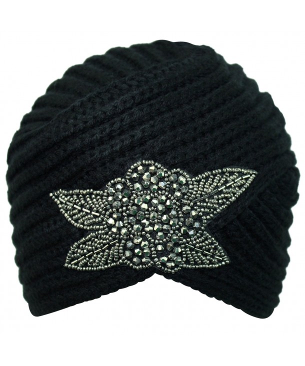 Luxury Divas Winter Knit Turban Beanie With Beaded Flower - Black - CV110Q0JVXX