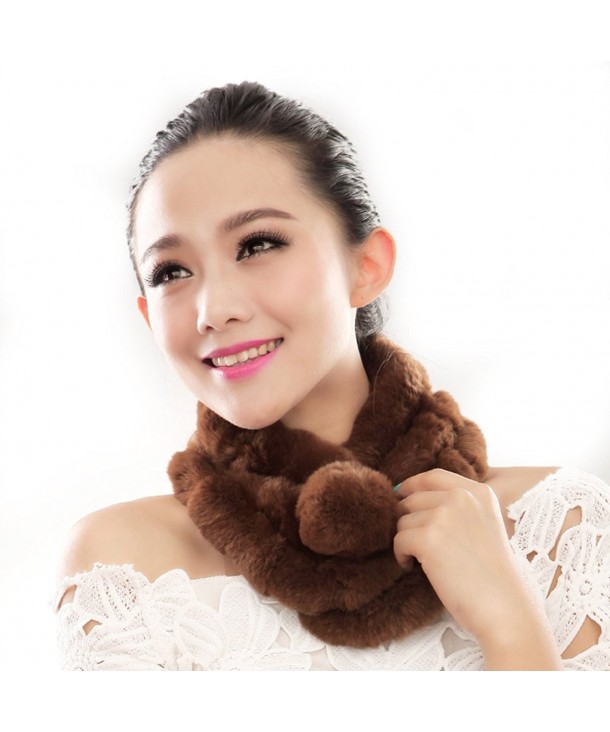 URSFUR Women Winter Fur Pull Through Scarf Soft Rabbit Pom Neck Collar Scarves - Brown - CS11FG59Z6B