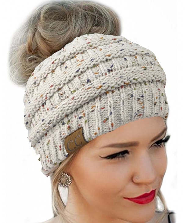 CC Quality Knit Messy Bun Hat Beanie - Oatmeal Flecked - CO188I6MUIX