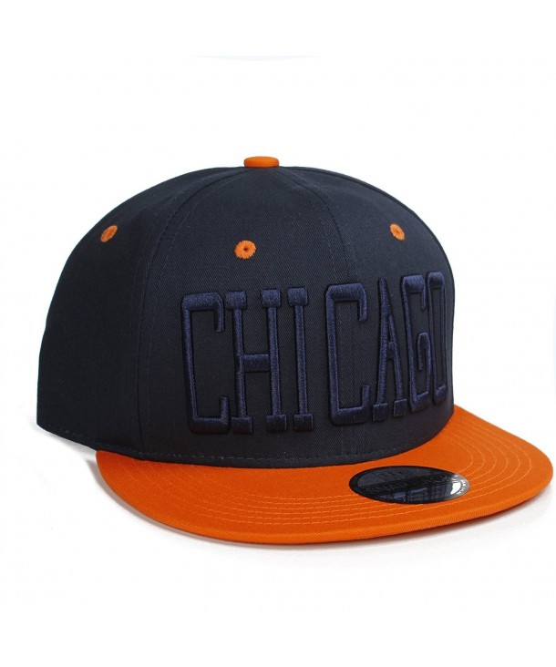 American Cities USA Cities and States Flat Bill Block Script City Snapback Hat Cap - Chicago Navy Orange - C511X70WCO9
