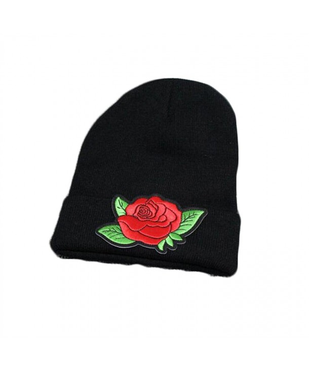 Embroidered Rose Knit Hat Winter Ski Skullcap Top Hat Black Elastic Beanie for Men & Women - Black 1 - C1186G6X9ZU