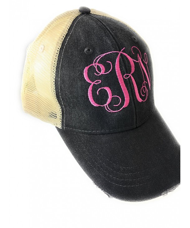 Mary's Monograms Monogrammed Distressed Trucker Hat Black - CM12NG6SX2E