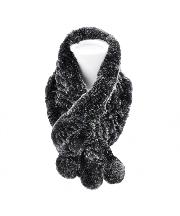 ZLYC Women's Winter Pull-Thru Rex Rabbit Fur Scarves Wrap Collar - Black - CT1876XN8LY