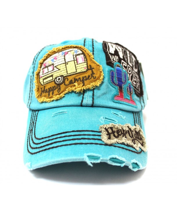 Turquoise "Y'ALL- HAPPY CAMPER- WILD FREE" Multi-Patch Embroidered Adjustable Cap - CW17Z54MX0R