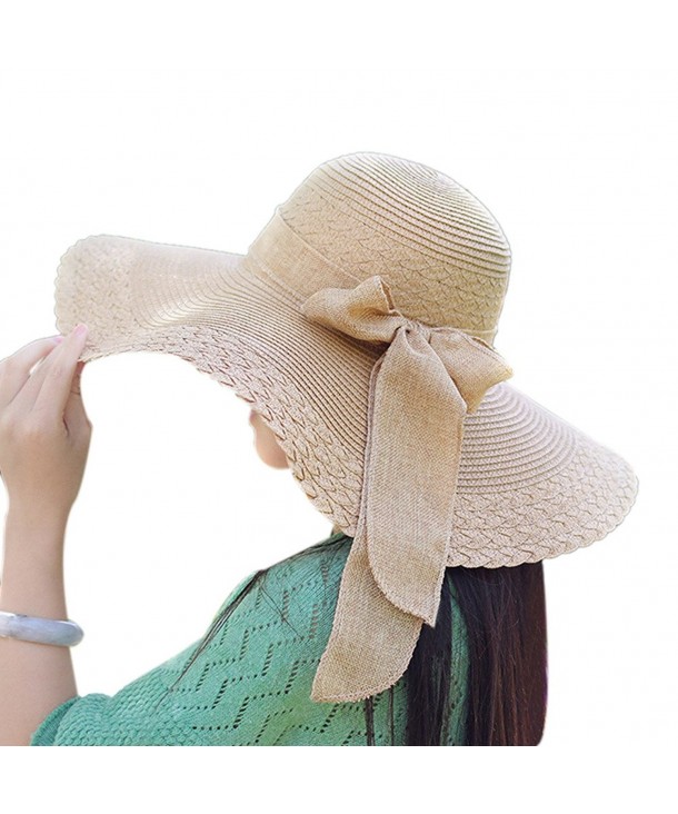 Messar Women's Summer Folable Floppy Straw Hat Big Bowknot Wide Brim Beach Sun Hat - Brown - CQ183YD6NAY