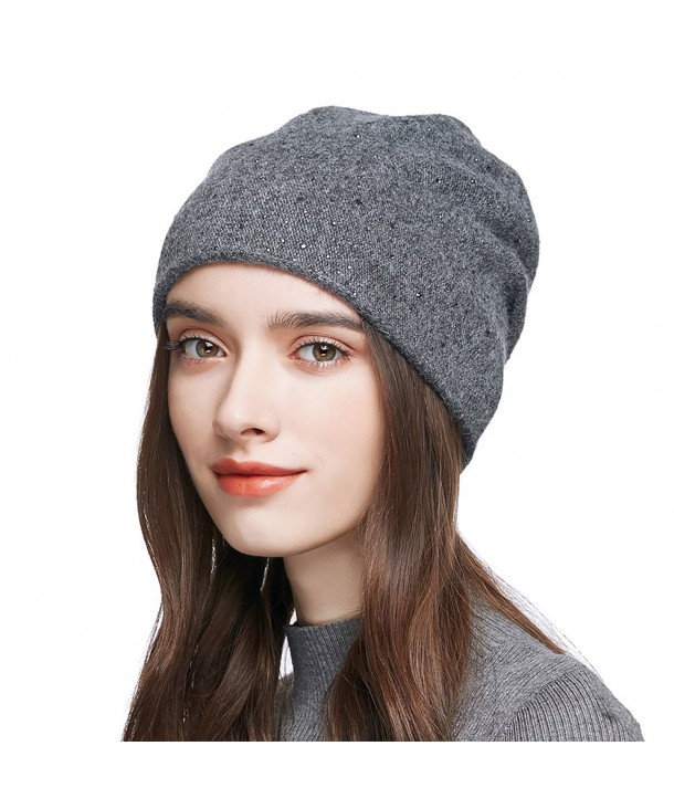 Women's Slouchy Double Bling Crystal Wool Knitted Beanie Cap Winter Casual Hat - Dark Grey - CL1876THMC6