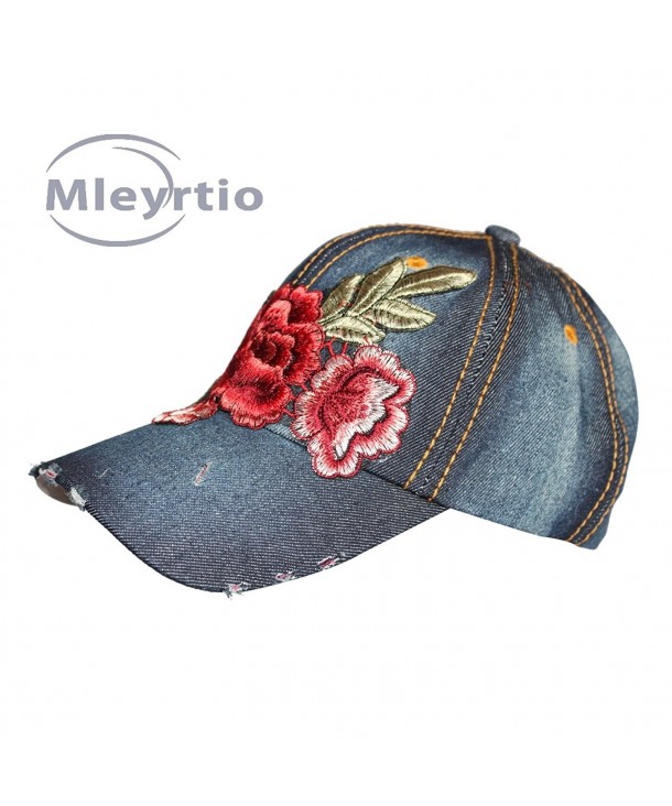 Denim Stone Washed Twill Cotton Baseball Cap Embroidered Rose Flower Structured Hat - Rose B & Navy - CL182MUSEN4