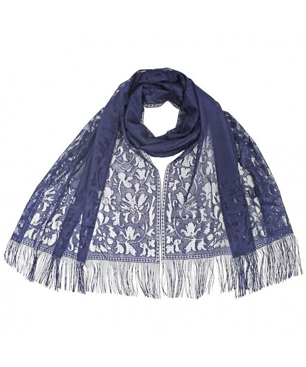 Old Fashion Floral Lace Scarf With Fringe - Navy Blue - CU11P33DPP3