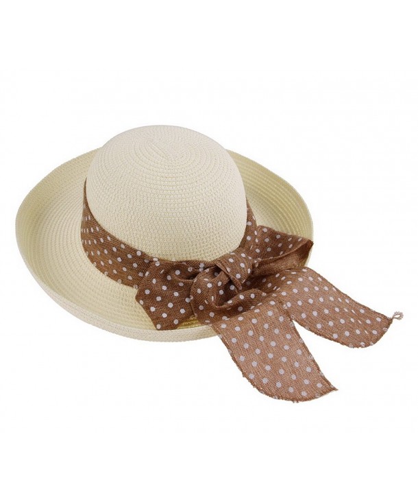 Women Straw Hats with Dot Bowknot Ribbon Round Cap Rollup Upturn Brim Hat 5 Colors - Cream - CL122LKC9XT