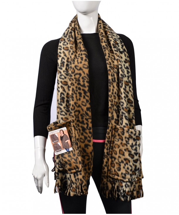 KC Caps Soft Fleece Fringed Shawl Wrap Shoulder Cozy Winter Scarf with Pockets - Cheetah - CO129KLHM11