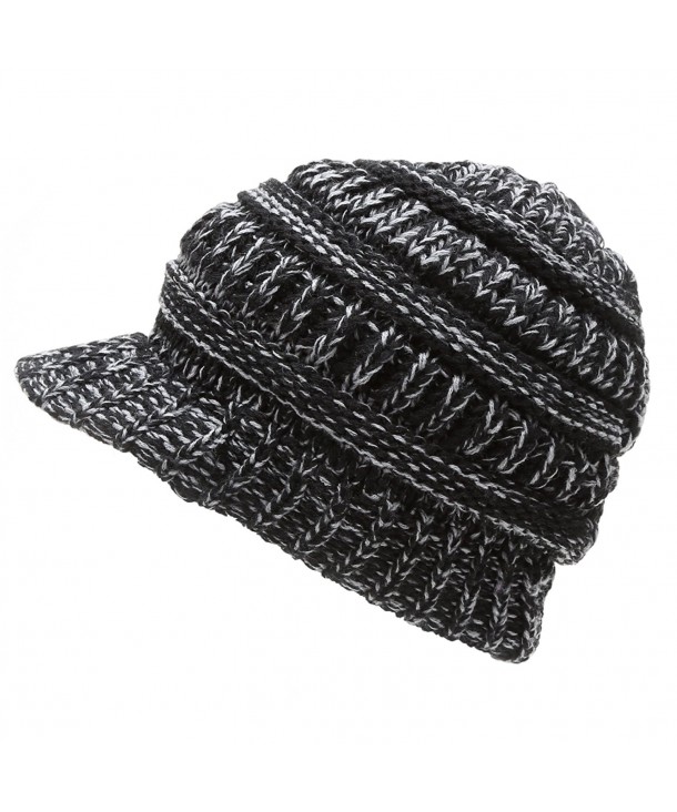 MIRMARU Women's Winter Ribbed Layer knitted Brim Visor Beanie Hat. - Black - CW186ST06DO